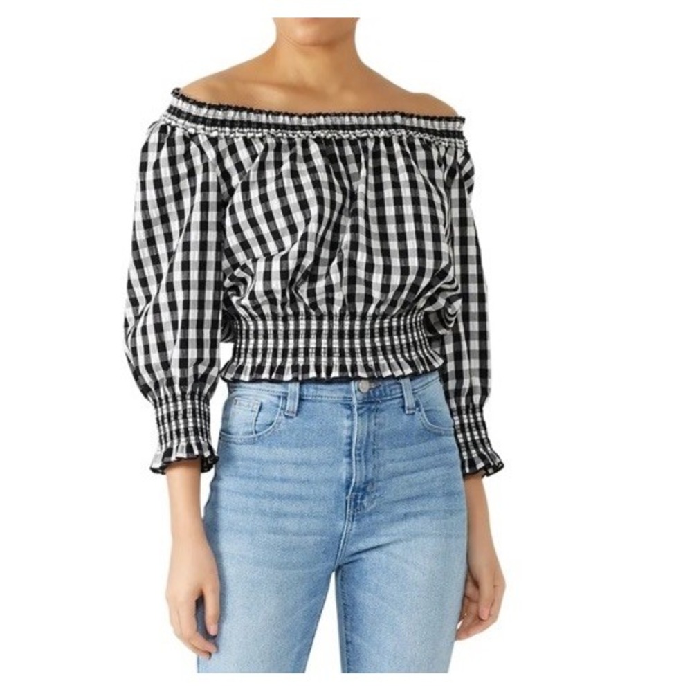 Tanya Taylor Black White Checked Gingham Cropped Peasant Smocked Top M L Daisy‎